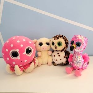 TY Flippables and Beanie Boo Collection Flamingo Owl Pig Octopus Set of 4